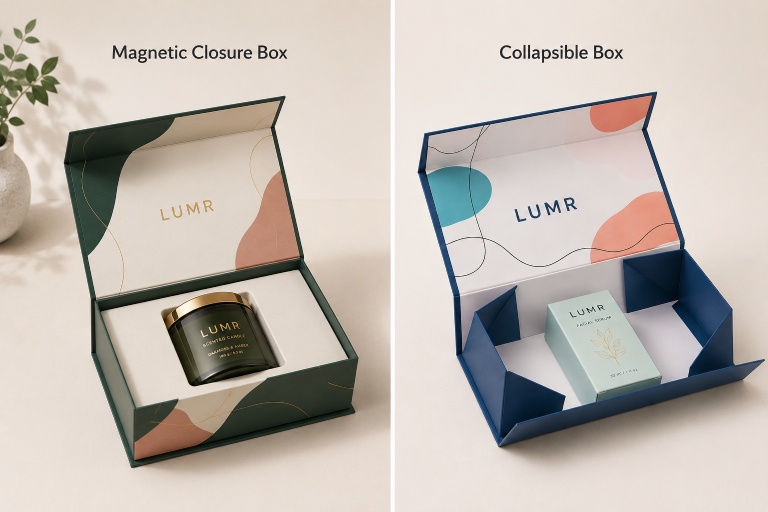 Comparison of a magnetic closure rigid box with a paperboard insert and a collapsible rigid box featuring colorful custom branding.