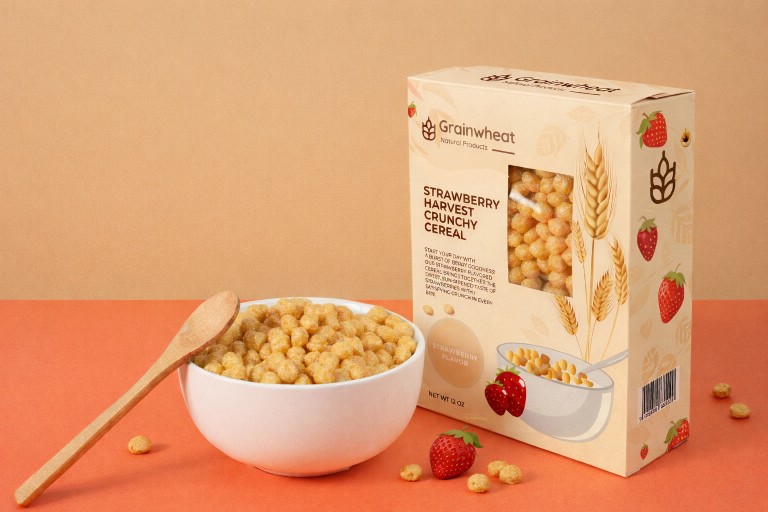Custom cereal box packaging with die-cut window showcasing product inside