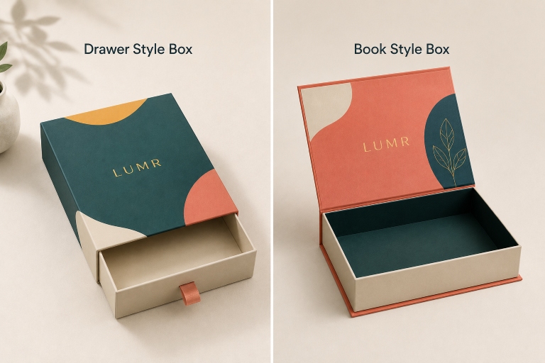 Side-by-side comparison of a custom drawer-style rigid box and a book-style magnetic rigid box with colorful printed branding.