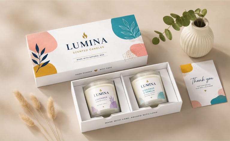 Custom candle gift box with custom-fitted insert protecting scented candles for safe shipping