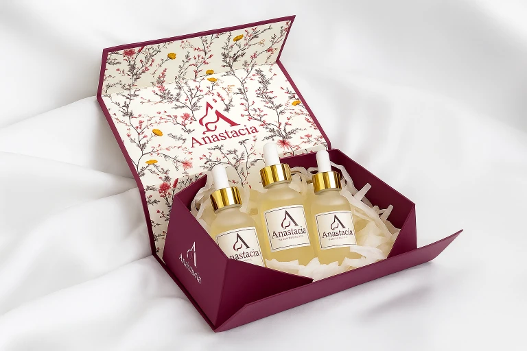 Premium collapsible magnetic rigid box with brand printing, holding cosmetic bottles with printed product label